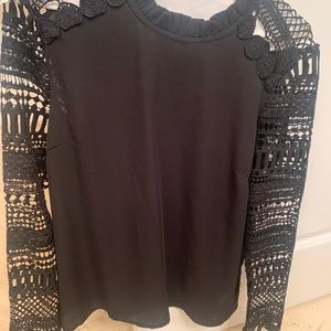 Aqua Long Crochet Sleeved Black Blouse / Top
